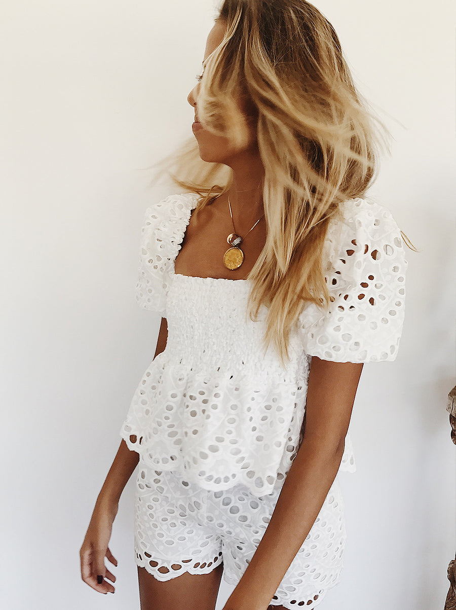 The Vetiver Collection | Halcyon Babydoll Eyelet Smocked Top 