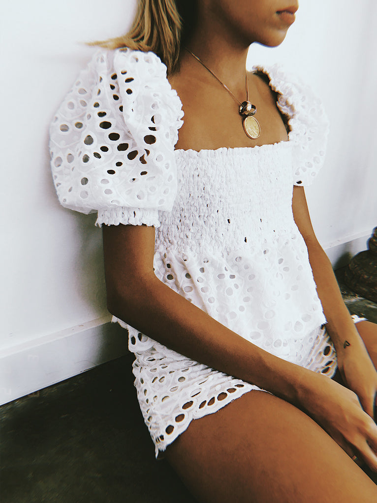 The Vetiver Collection | Halcyon Babydoll Eyelet Smocked Top 